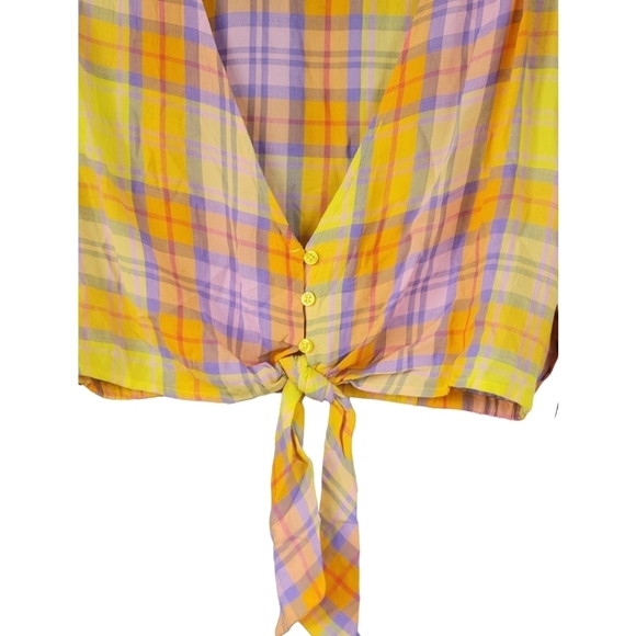 BP NWT M Yellow Multicolor Tartan Plaid Long Sleeve Crop Top Clueless Preppy - Picture 10 of 14